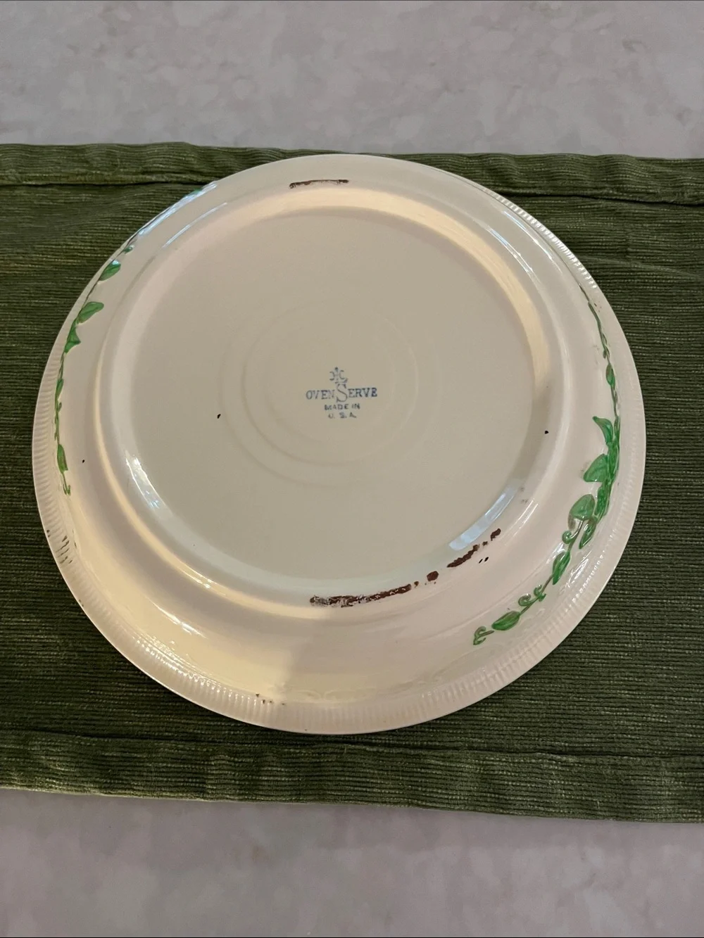 Vintage Homer Laughlin Oven Serve 11” Pie Plate Cream with Green Rose 30’s-40’s